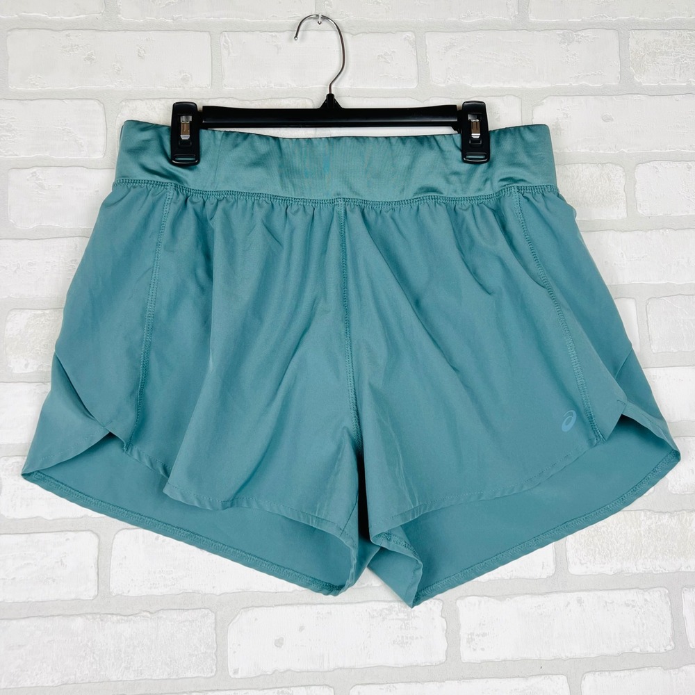 Asics Womens Teal Blue Running Shorts XL Athletic Workout Gym Back Zip Pocket